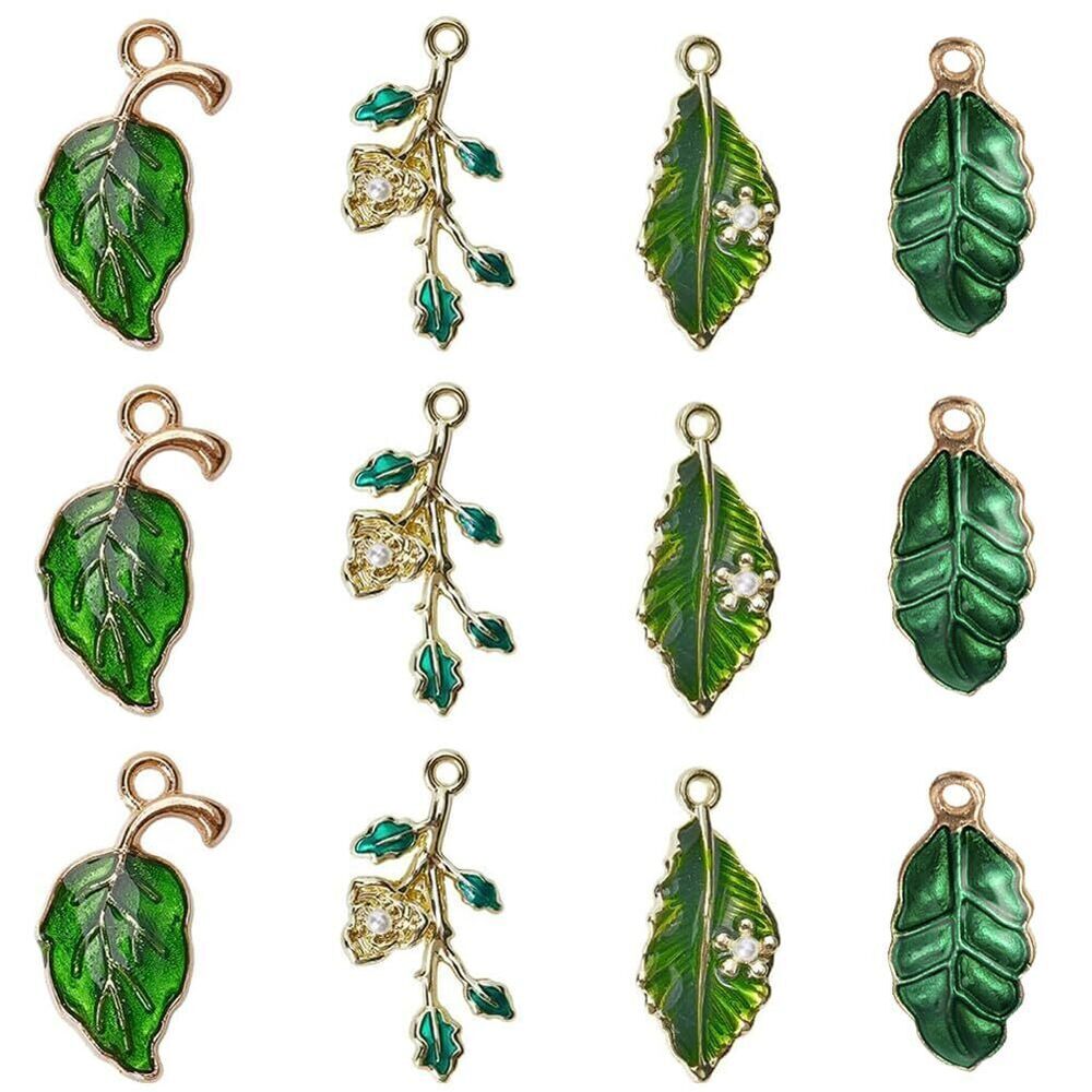 6017 1 Box 40Pcs 4 Styles Green Enamel Leaf Charms Metal Leaves Charm Bulk
